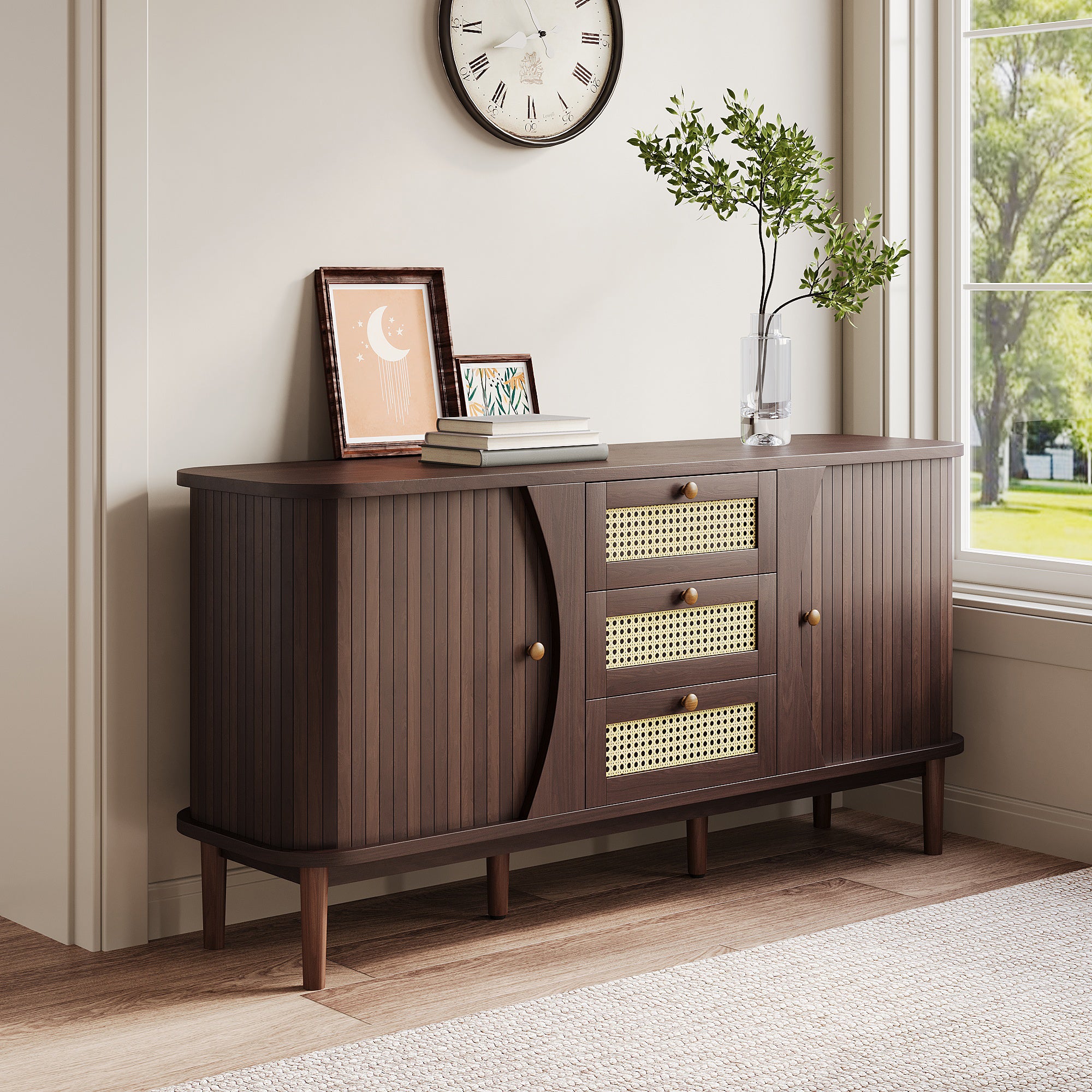 Buffet en rotin avec meuble de rangement 3 tiroirs et 2 portes ...