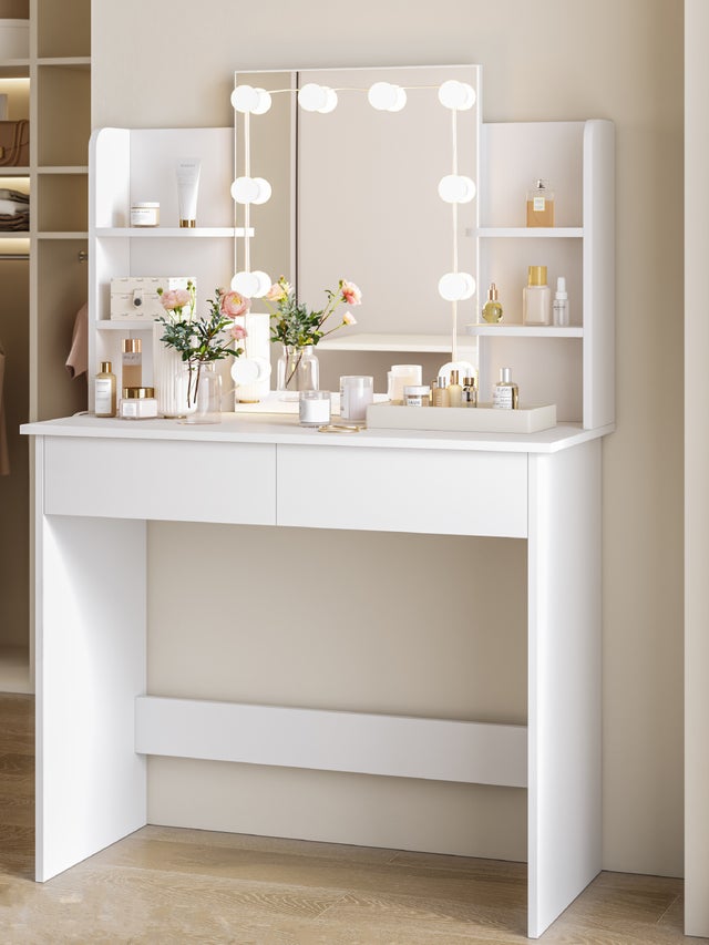 Coiffeuse avec miroir en MDF Blanc H. 135 x l. 40 x P. 40 cm