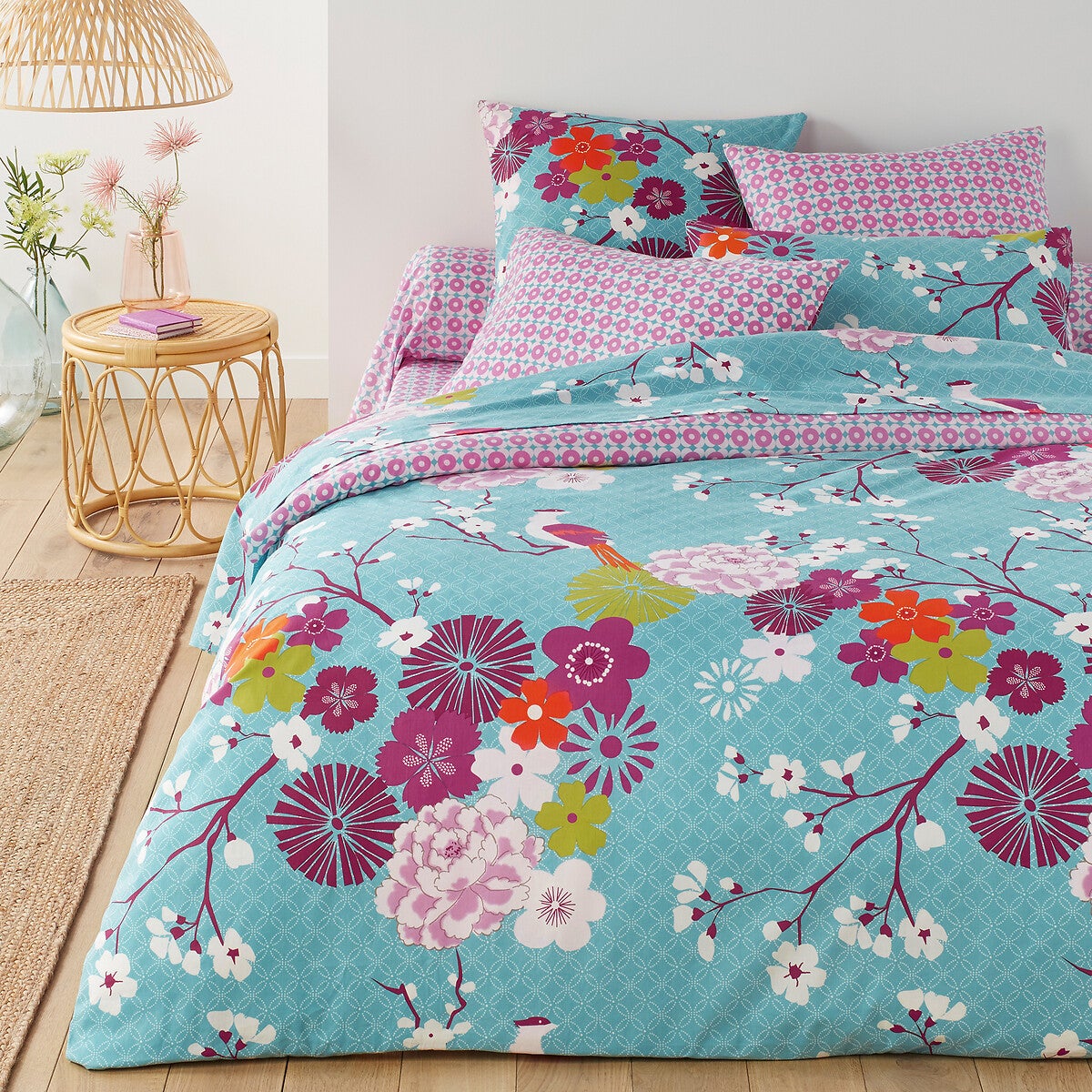 Drap-housse pur coton, Miss China - Bleu + rose - 90 x 190 cm - 2