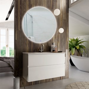 Meuble de salle de bain simple vasque - 2 tiroirs - MIG et miroir rond Led SOLEN - blanc - 80cm