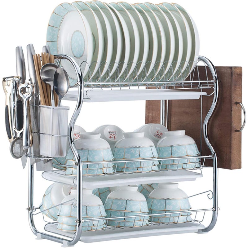 Trzypoziomowa suszarka do naczyń ze stali nierdzewnej, stojak na naczynia, srebrny