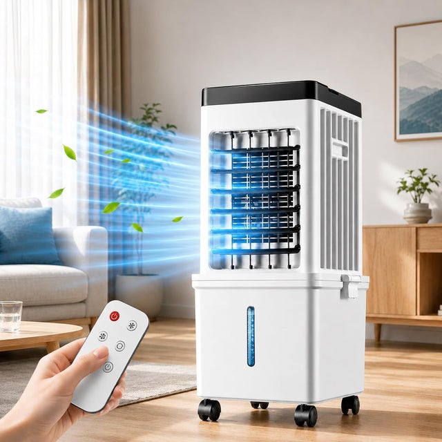 Rafraîchisseur évaporatif 15L silencieux avec roulettes, ventilateur 3 vitesses, télécommande sans fil et protection enfant intégrée