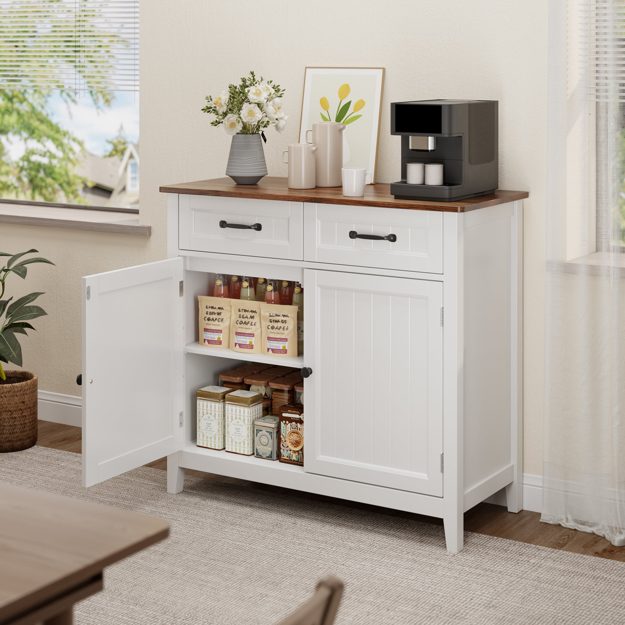 Buffet Meuble de Rangement en MDF - 2 Tiroirs, 2 Portes et Étagère Réglable avec Plateau Marron Bealife - 7