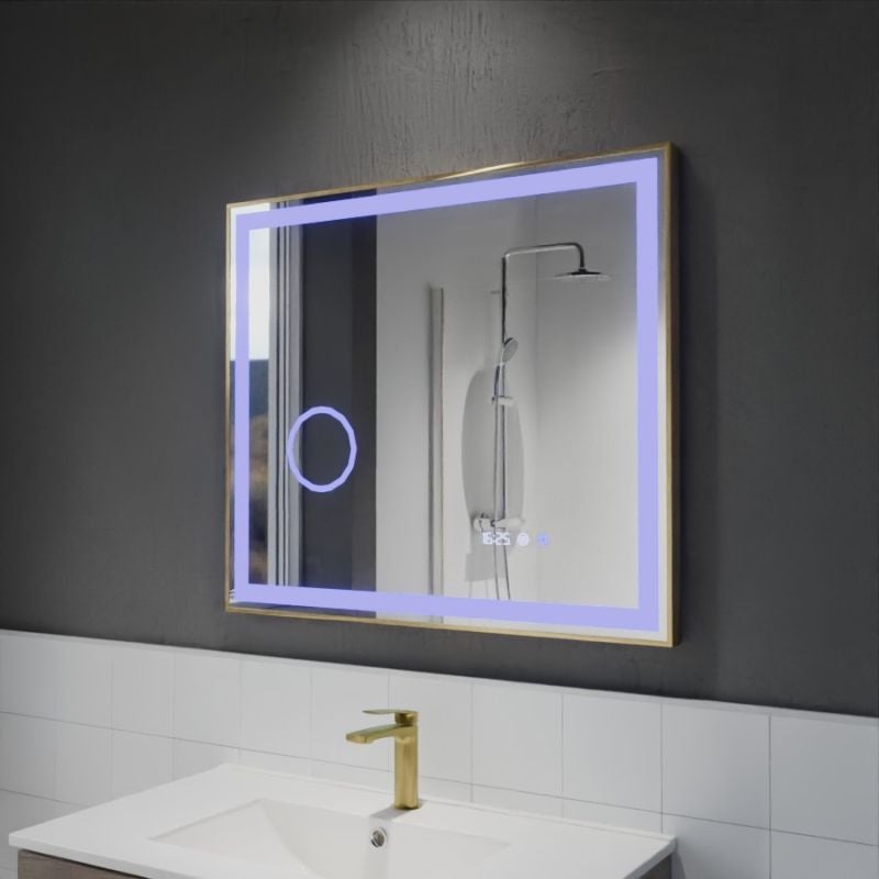 Miroir LED cadre doré CARA 80 cm x 70 cm - antibuée, horloge et loupe - 8