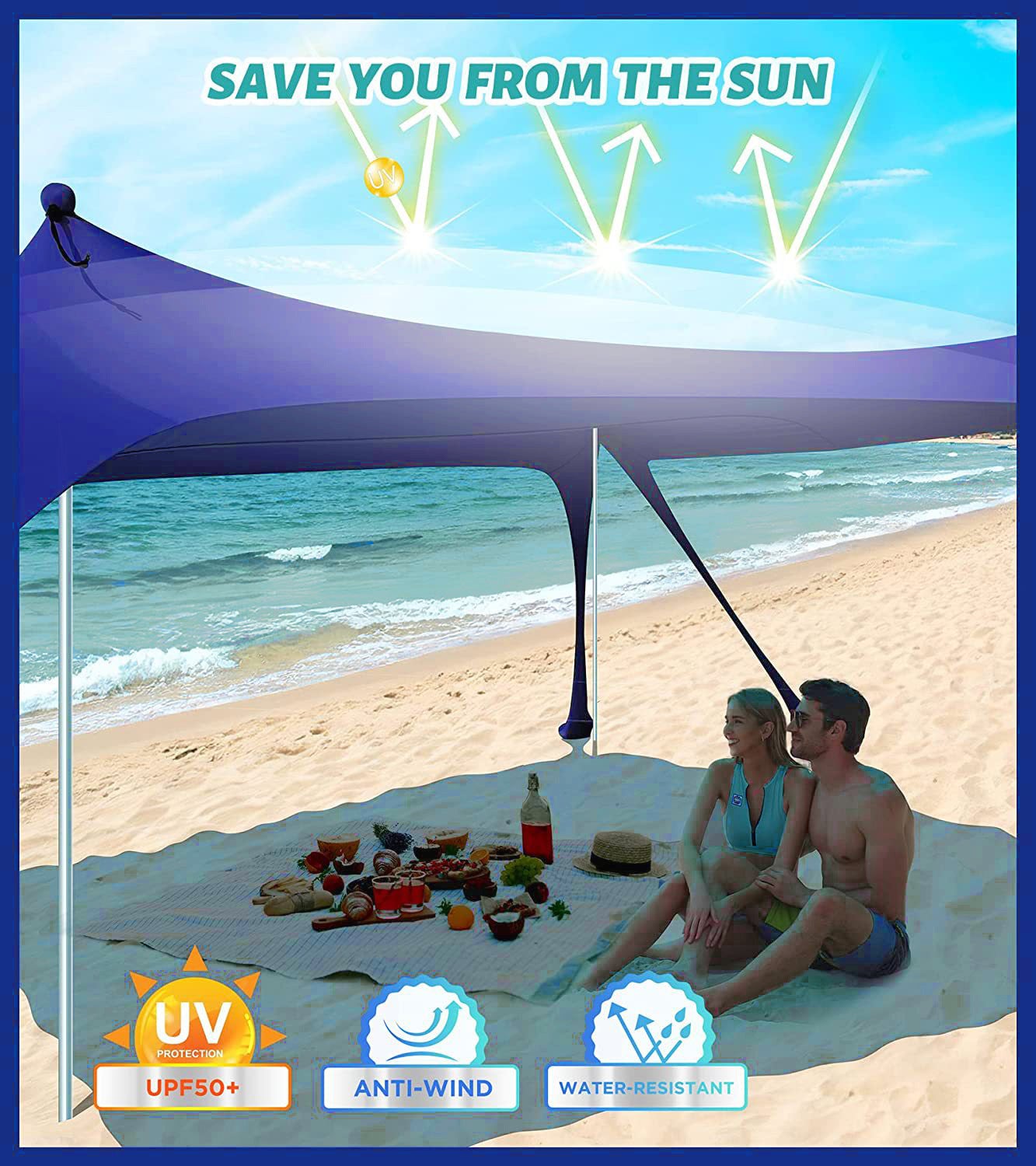 Tente de plage extérieure, pare-soleil de protection UPF50+ avec 8 sacs de sable, 10 x 10 pieds, pouvant accueillir jusqu'à 8 personnes, bleu marine - 3