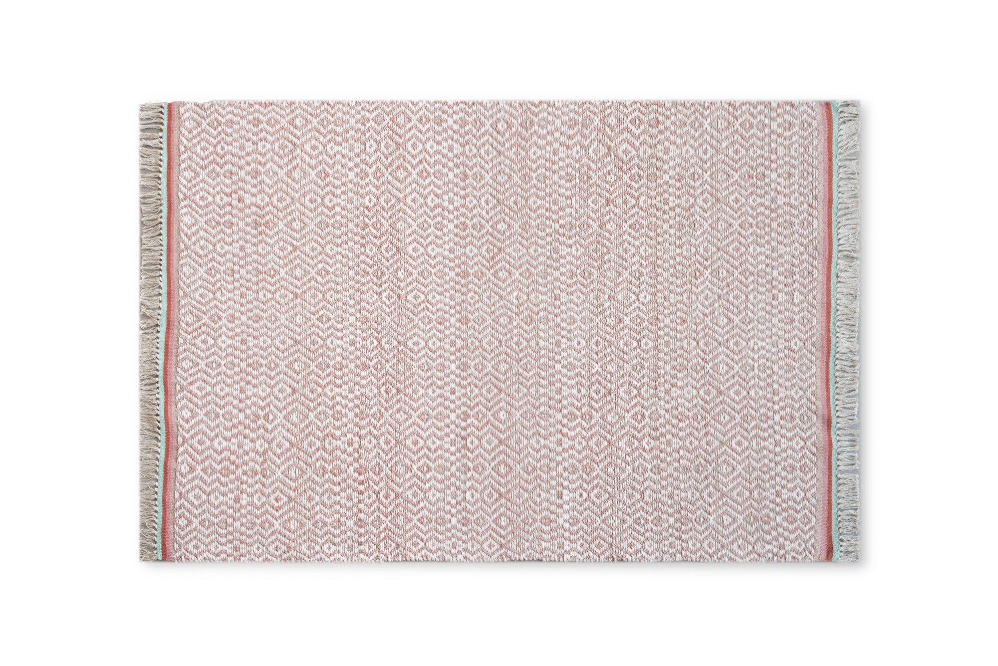 Beżowy bawełniany dywan z frędzlami, wzór w różowe i turkusowe romby, 120x170 cm