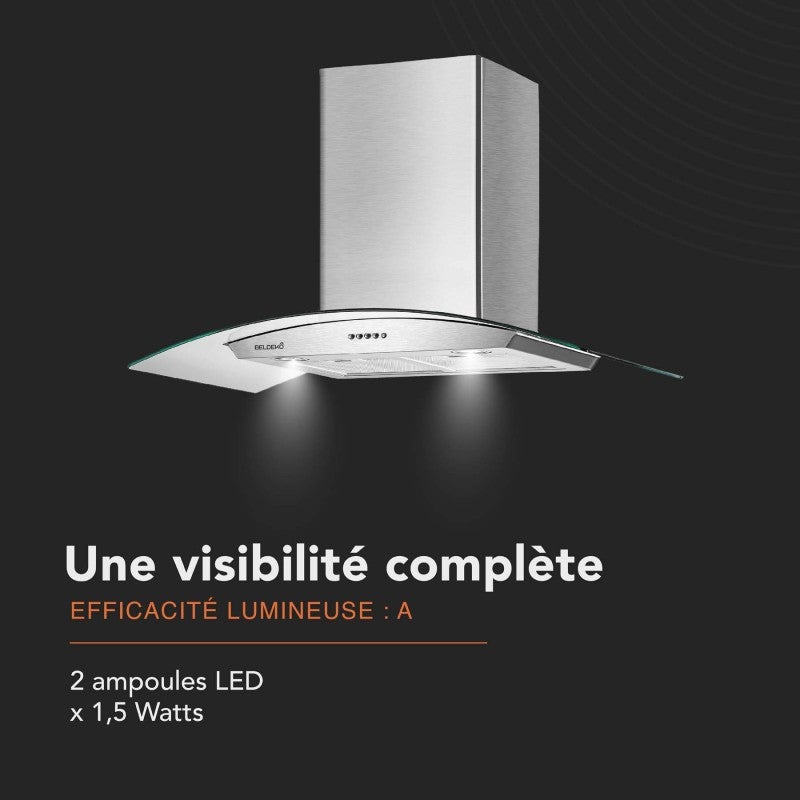 HOTTE DECORATIVE MURALE 90 CM - VERRE ET INOX - 559 m3 - 200W - 60dB - 3