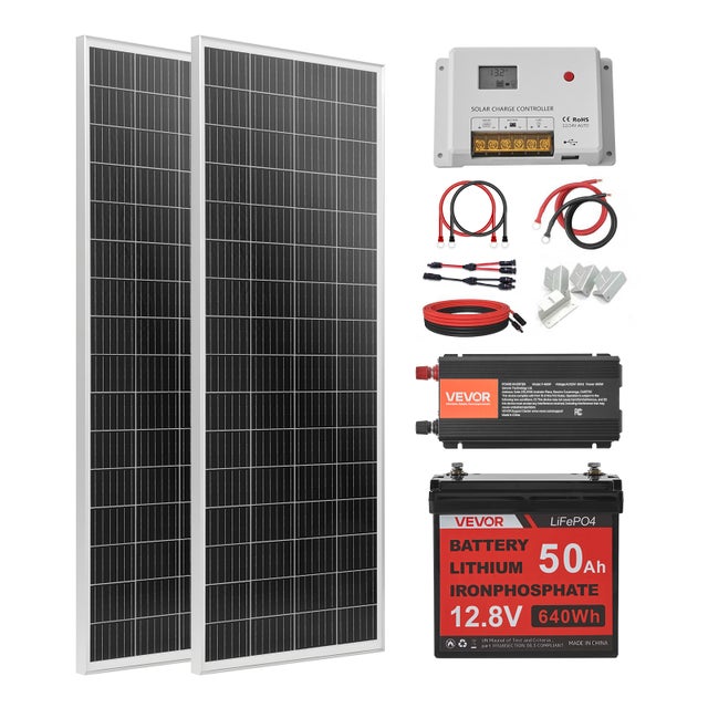 Kit Solaire Complet Hors Réseau VEVOR 200 W 12 V 2 Panneaux Solaires Monocristallins 100 W, Batterie LiFePO₄ 12,8 V 50 Ah