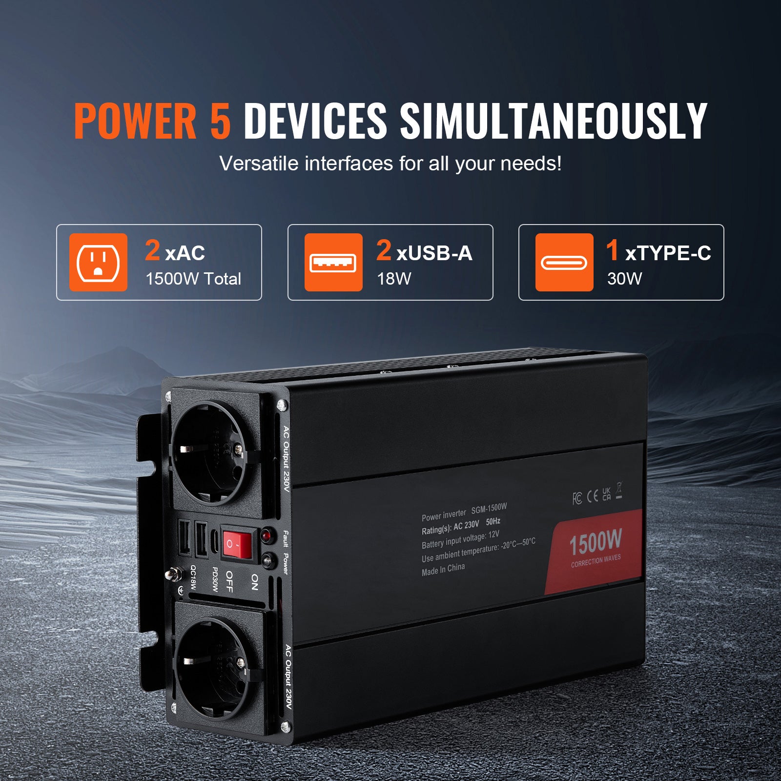 Onduleur Onde Sinusoïdale Modifiée 1500 W DC 12 V à AC 230 V, 2 Prises CA, 2 Ports USB, Type-C, 6 Fusibles, Certifié CE FCC SucceBuy - 5