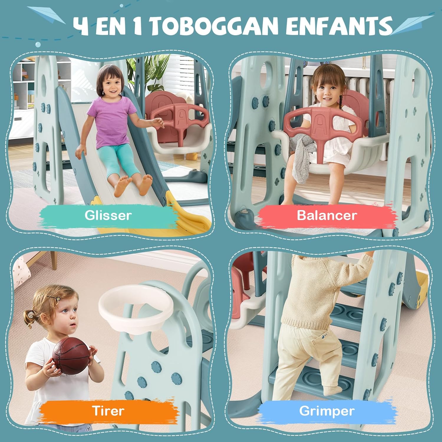 Escorrega 4 em 1 para Crianças em Ambientes Interiores e Exteriores com Baloiço, Cesto de Basquetebol, Escadas, Conjunto de Brinquedos Internos para - 5