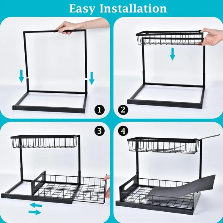 1 pièce d'étagère de rangement sous évier, étagère de rangement coulissante à 2 niveaux, étagère pour évier, organiseur pour armoire blanche - 7
