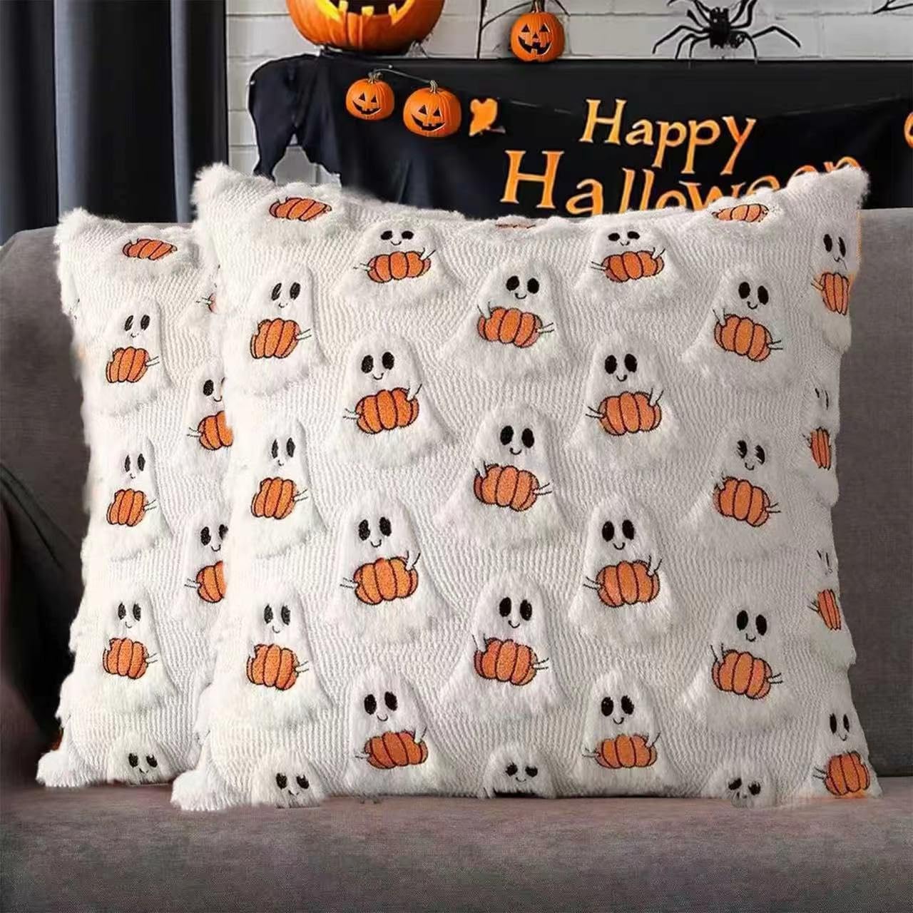Zestaw 2 Poszewek na Poduszki Halloween Duch 45x45 cm - Dekoracyjna Poszewka na Poduszkę na Kanapę, Krzesło i Imprezy