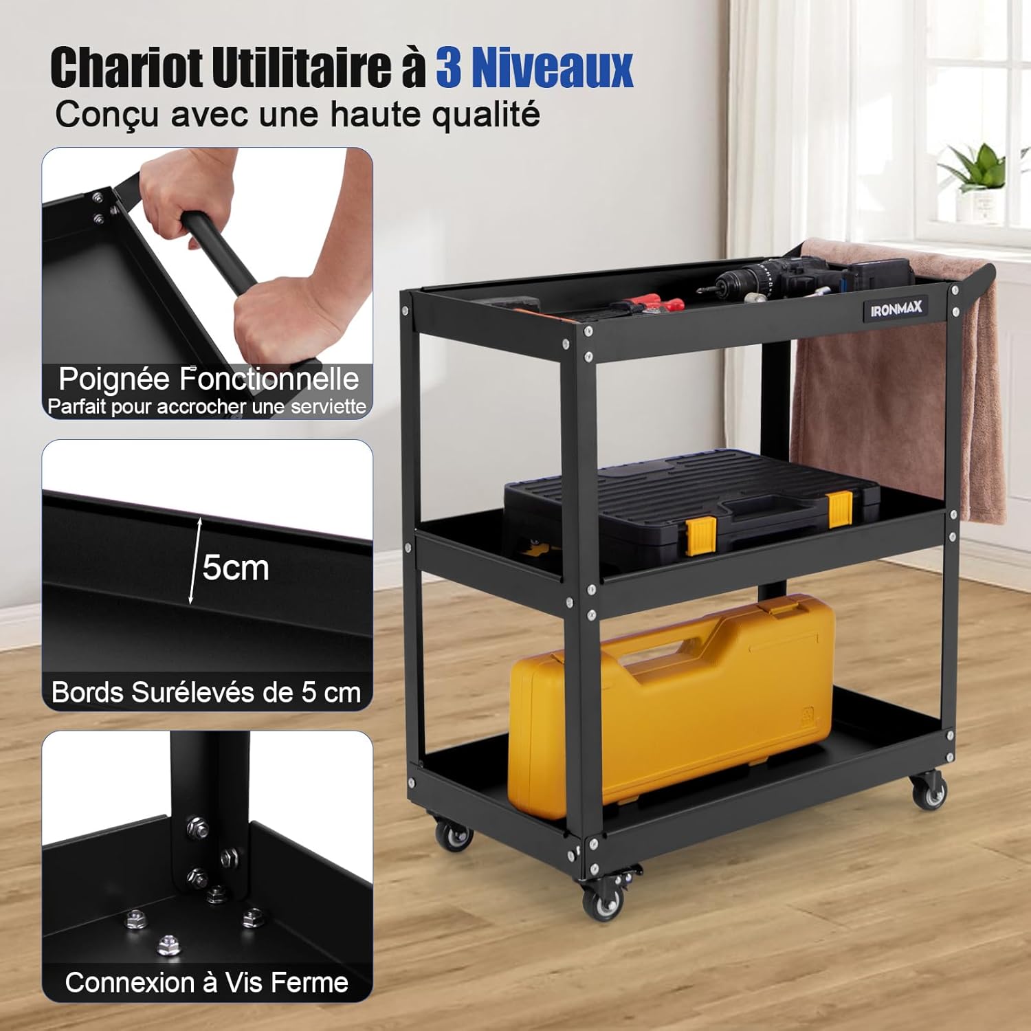 Carrello Portautensili a 3 Livelli, Carrello Metallico Resistente con 3 Ripiani, 4 Ruote Universali con 2 Freni, per Garage, Casa, Magazzino, - 3