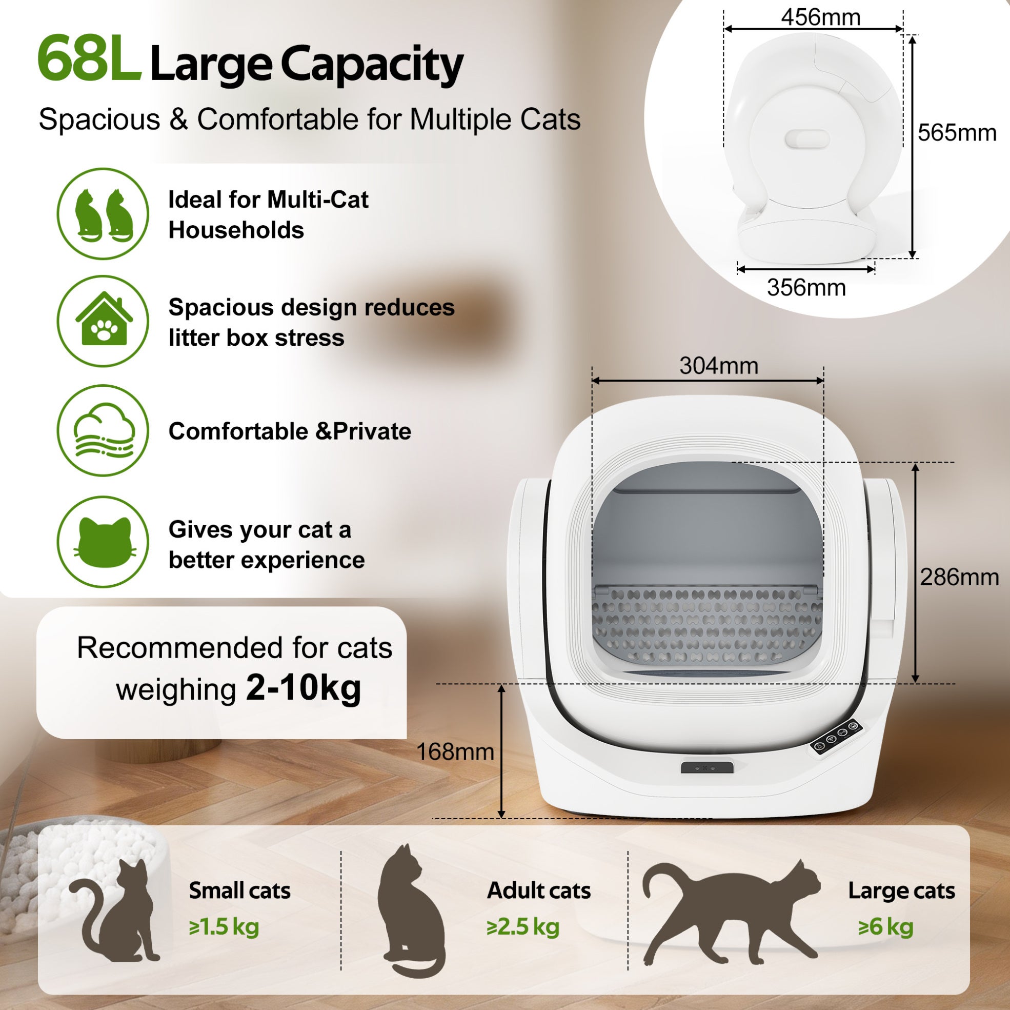 Caixa de areia automática para gato 51.5x45.5x56.5 cm autolimpante, controlo por aplicação ABS e PC branco - 3