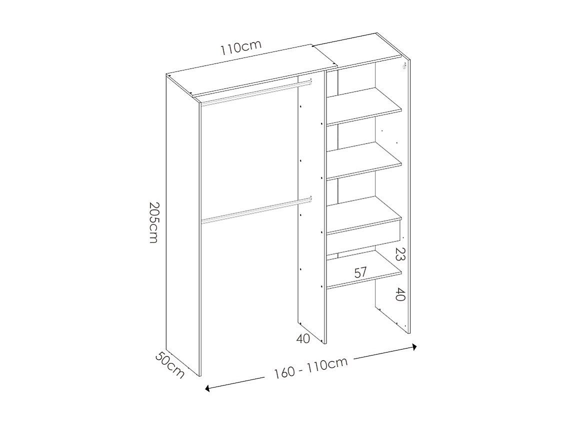Dressing extensible avec rideau + 1 tiroir - Decor chene naturel - L 160-113 x P 50 x H 205 cm - SUIT - 5