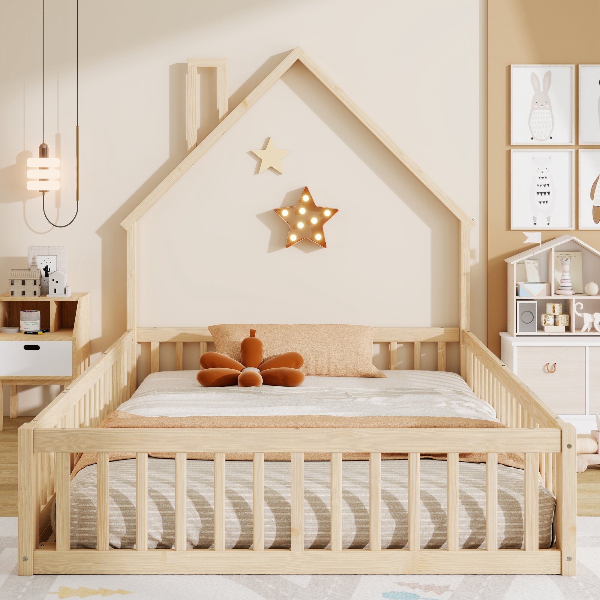 Lit de Sol 140 x 190 cm avec porte ouvrable, Montessori lit cabane avec sommier à lattes, lit enfants en bois de Pin et MDF, naturel (sans Matelas) - 2