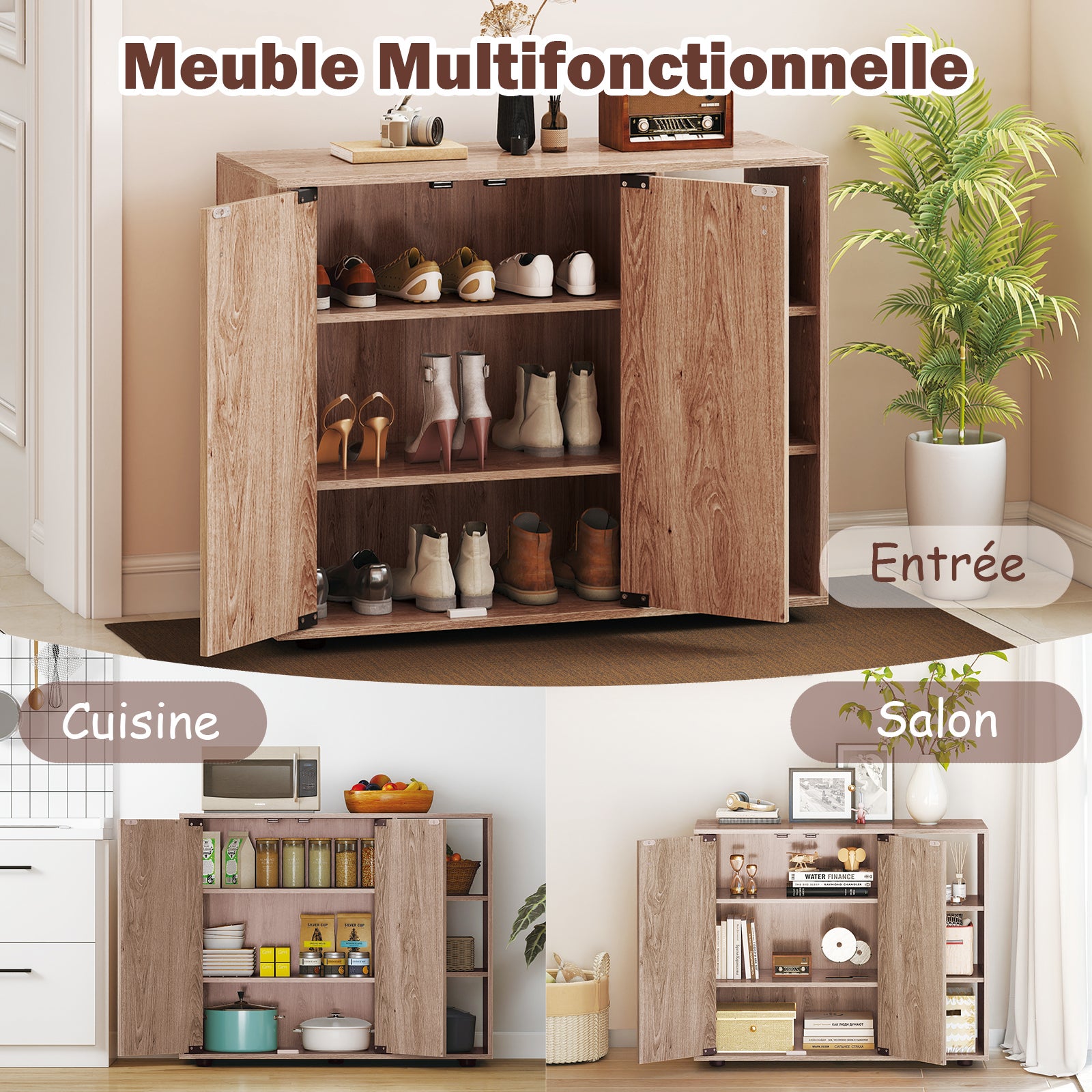 Meuble à Chaussures avec Portes, Range-Chaussures à 3 Niveaux avec Étagères Ouvertes Réglables, pour Entrée, Salon, Placard, 80 x 31 x 64,5 cm, Nature - 4