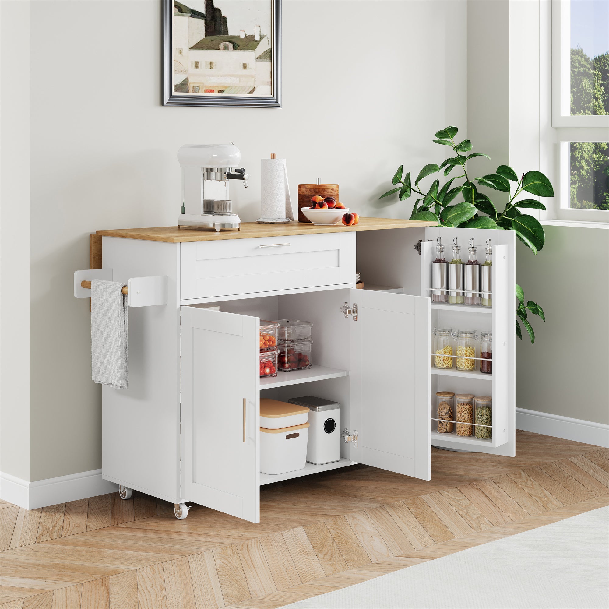 Ilot central de cuisine mobile avec 3 portes et 1 tiroir - Plateau extensible - 132.5x44(70)x90 cm - Bois MDF - Blanc et naturel - 5