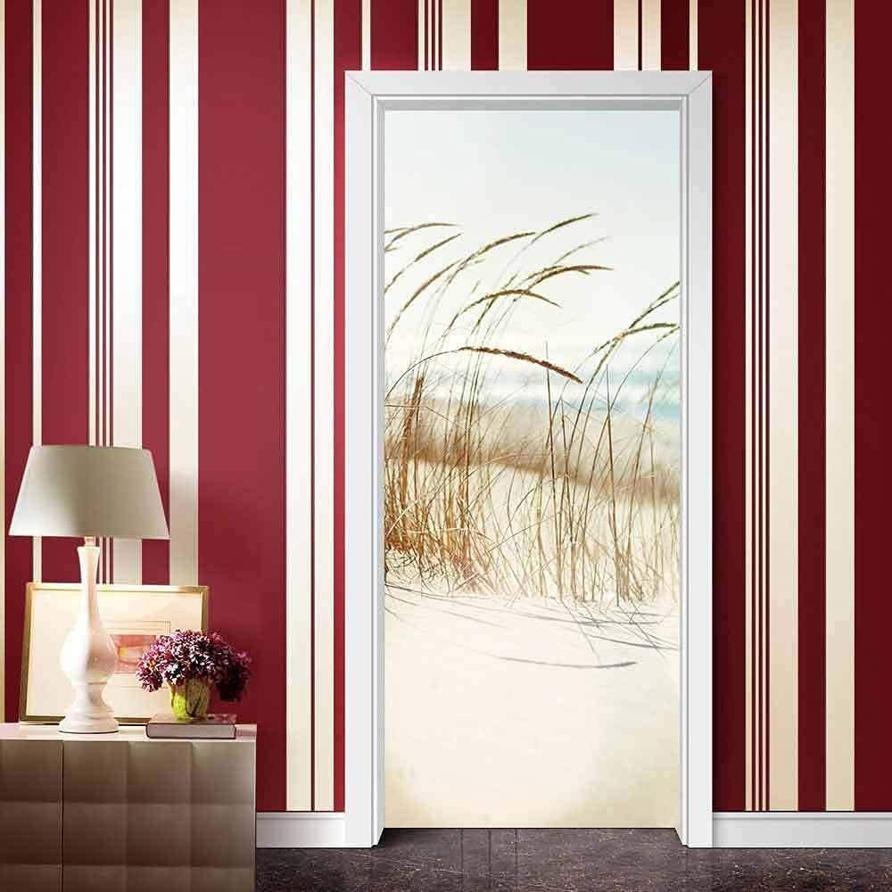 Naklejki ścienne 3D na drzwi, klej PVC, huśtawka z trzciny nad morzem, zdejmowane (77 x 200 cm)