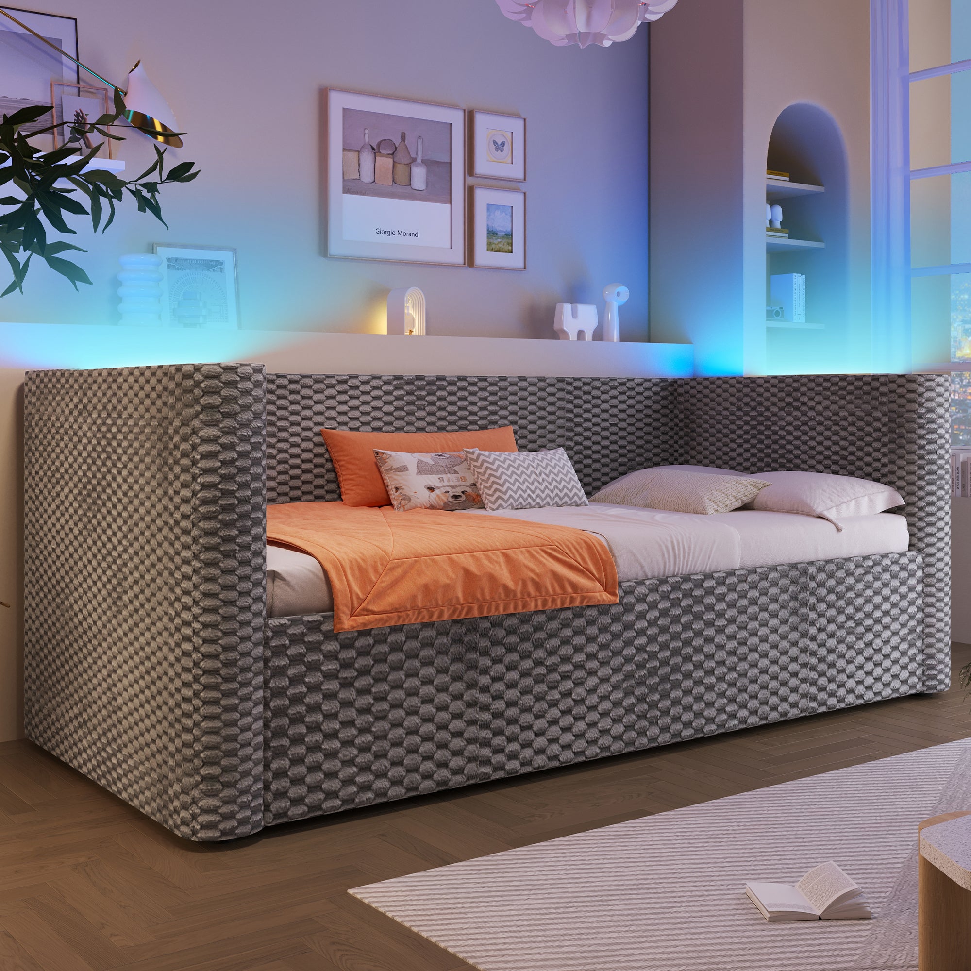 Rozkładana sofa z pojemnikiem 90x200 cm - z oświetleniem LED - stelaż lamelowy - welur - szary (materac nie jest wliczony w cenę) - 3