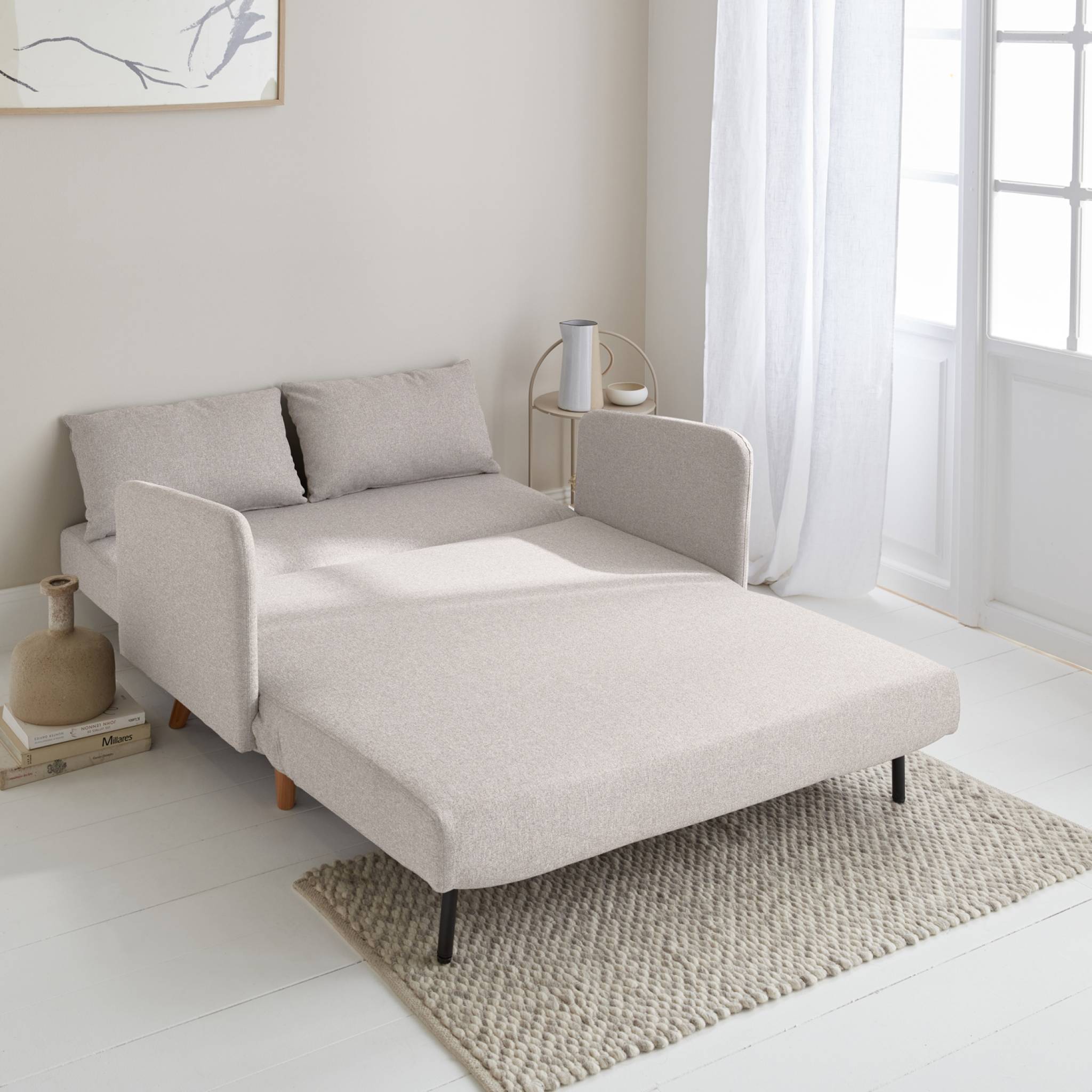 Divanetto letto clic clac 2 posti in tessuto, gambe in legno, Beige - 4