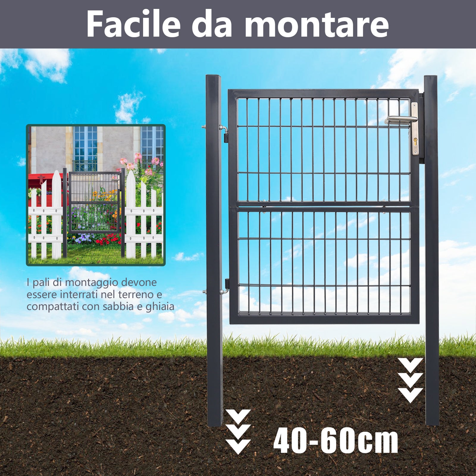 Portillon de Jardin Portillon en acier galvanisé, Portail de clôture, Porte de jardin, robuste et durable, avec serrure 120 x 100cm, Gris - 6