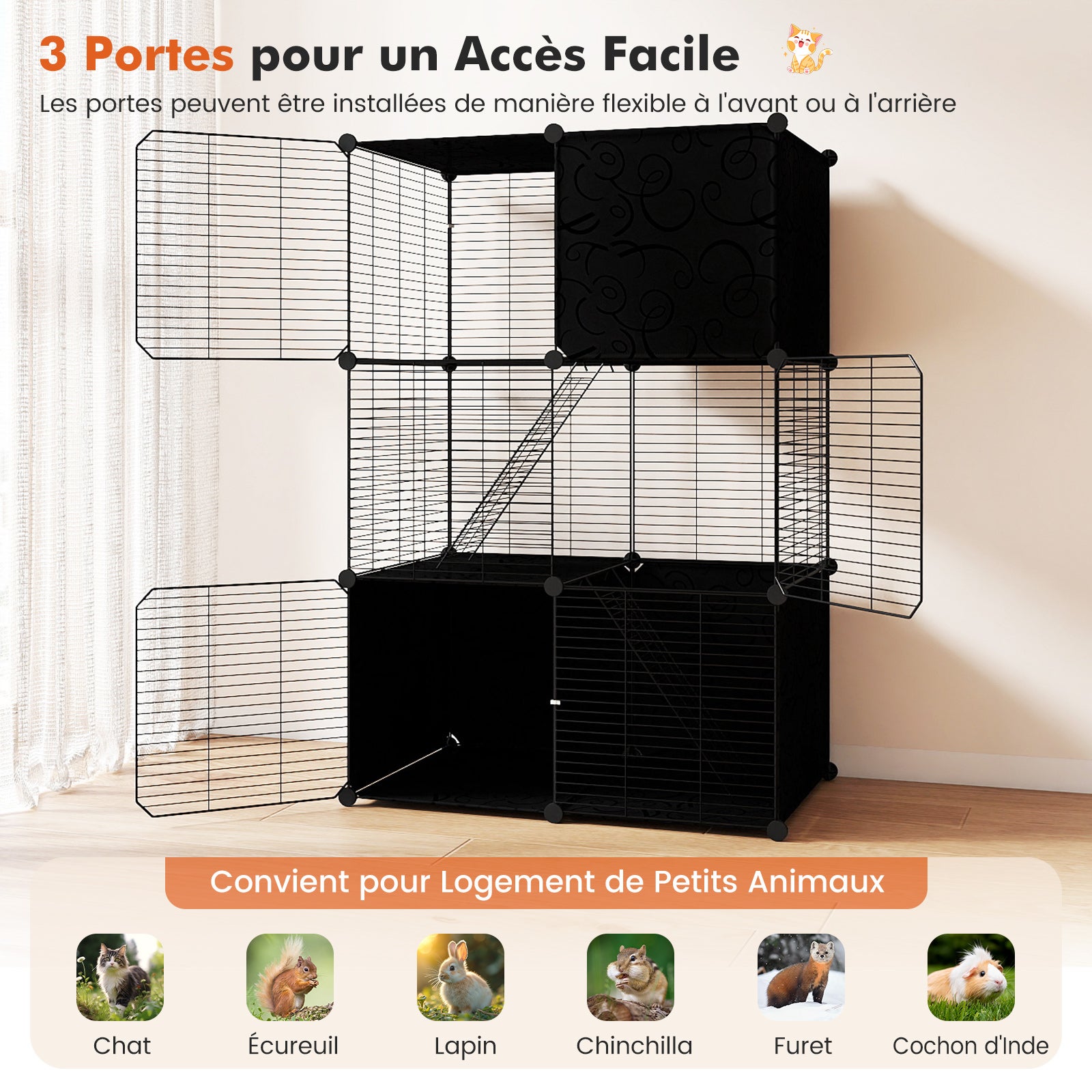 Grand Cage Chat à 3 Niveaux, Enclos pour Chats en Fil Métallique, 3 Portes et 2 Rampes, Cage Modulable DIY, Serrure de Porte, pour Petite Animaux - 6