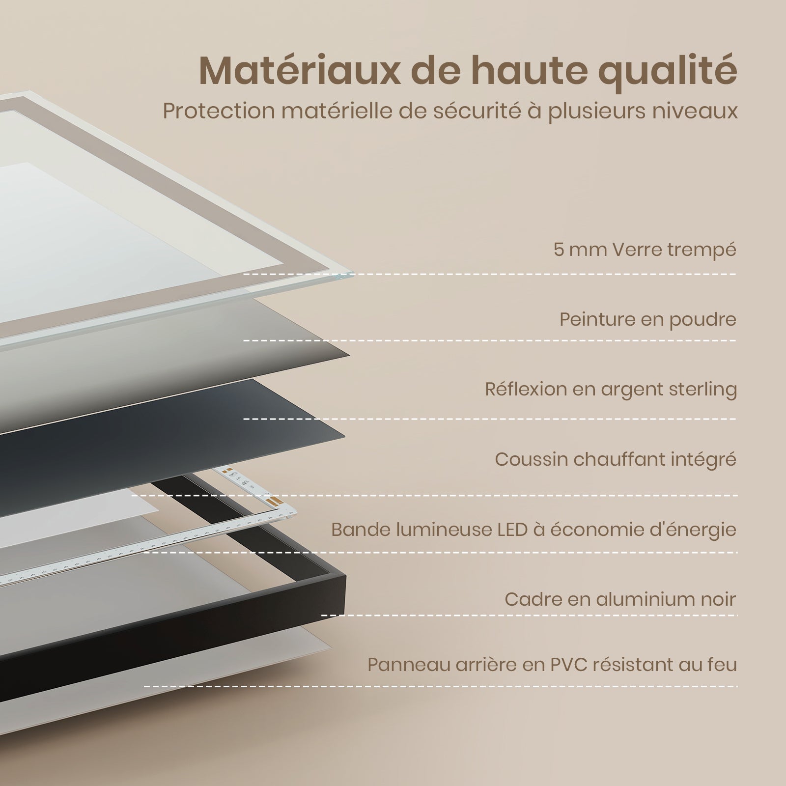 EMKE Miroir lumineux salle de bain 120x70cm, Cadre noir, Miroir LED avec Interrupteur Tactile, Anti-buée, Horloge et Température, Lumière Neutre - 6