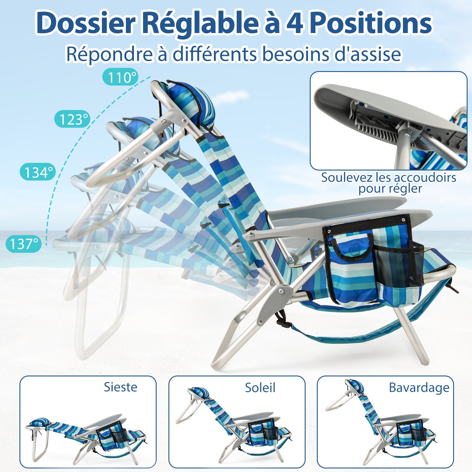 Lot de 2 Chaise de Plage Pliable, Cadre Léger en Aluminium, Chaise Basse avec Dossier Réglable en 4 Positions, Sac Isotherme, pour Camping - 5