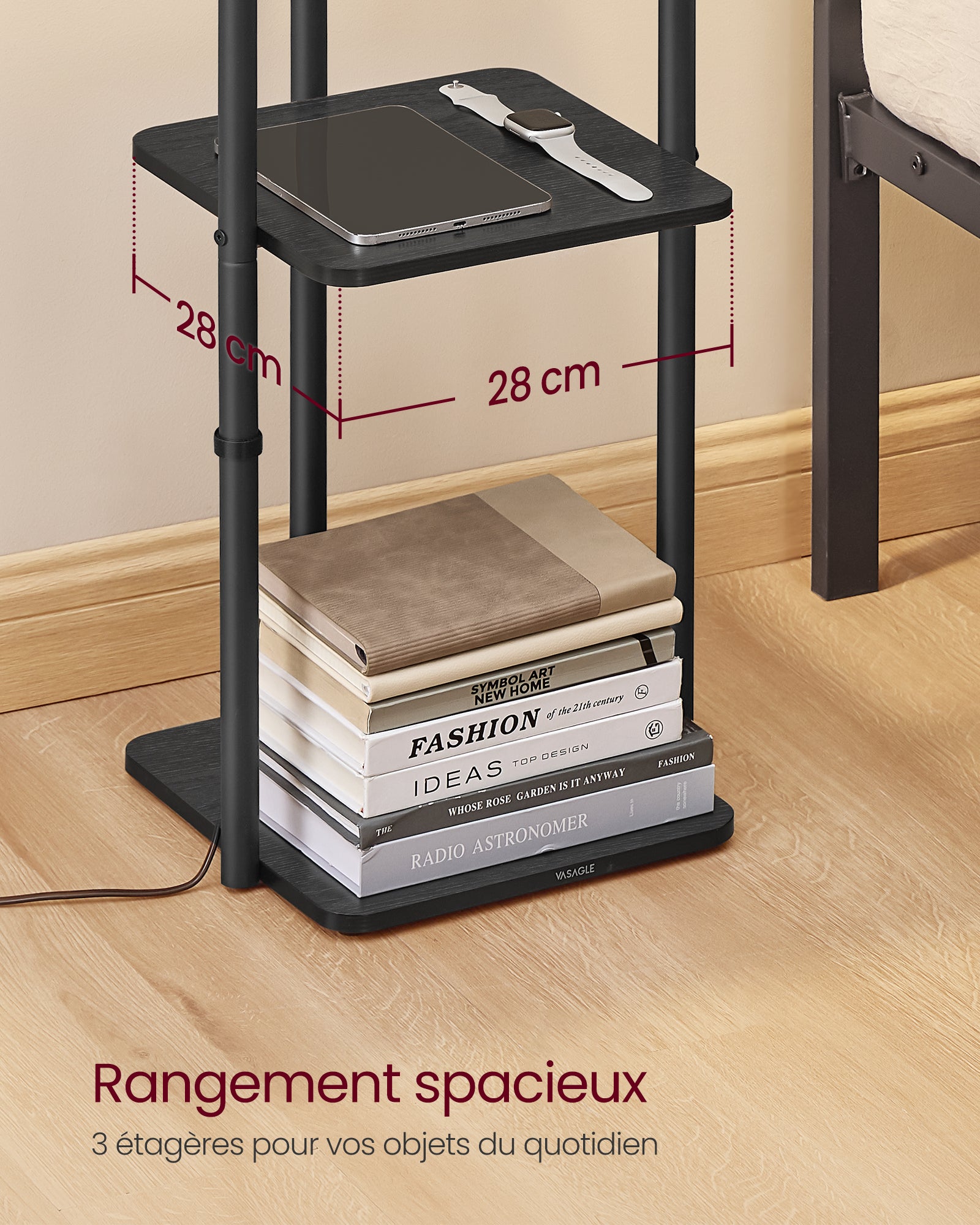 VASAGLE Lampadaire sur Pied, avec 3 Étagères, Lampe sur Pied, Ampoule LED Incluse, avec Interrupteur, Abat-Jour en Tissu, Noir d'Encre - 6