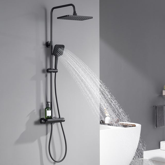 Colonna doccia termostatica Nero con miscelatore 38°C, set doccia con mensola, doccetta 3 funzioni, altezza regolabile