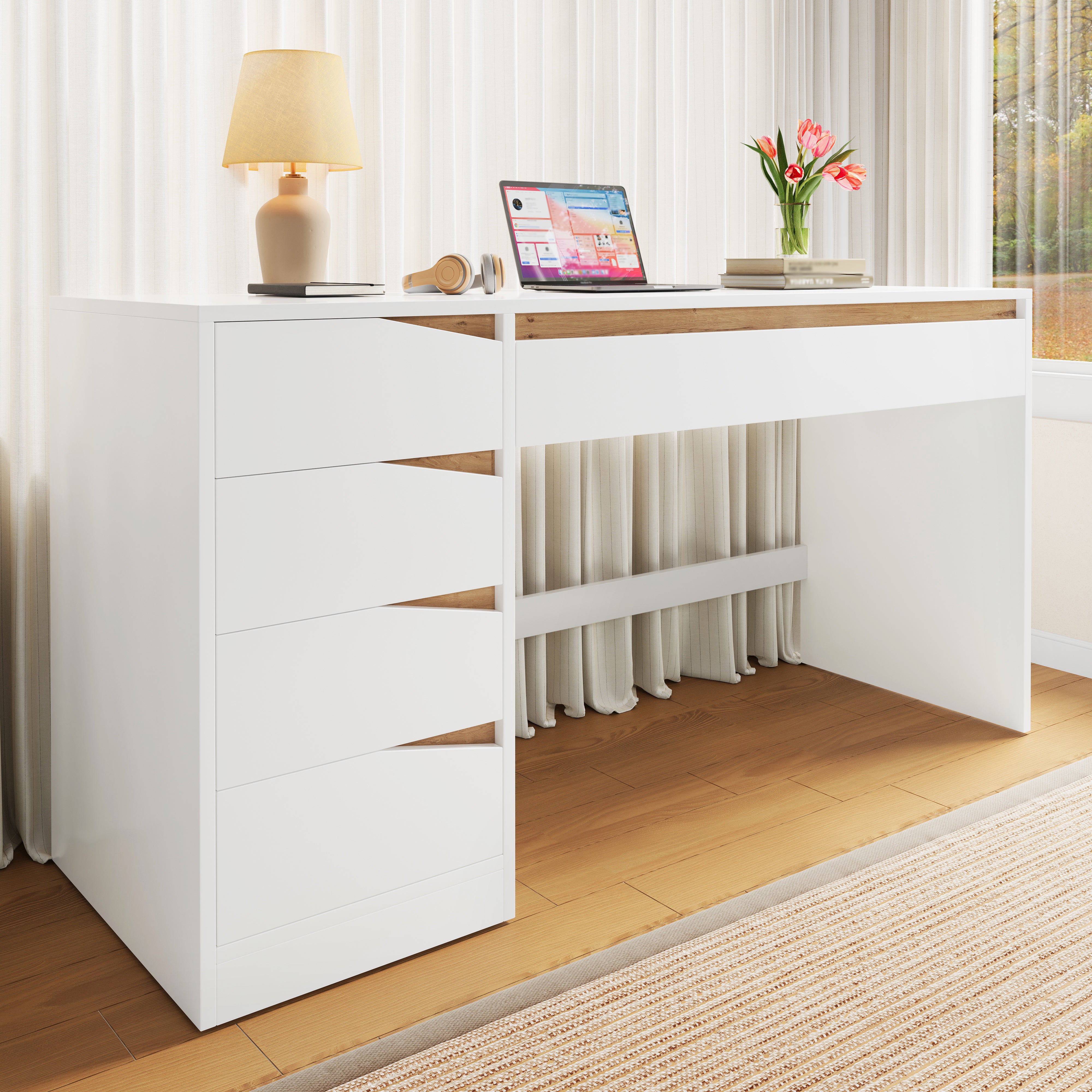 Bureau avec 5 tiroirs - Bureau informatique ou coiffeuse - Panneaux de particules - 140 x 50 x 78 cm - Blanc et chêne - 4