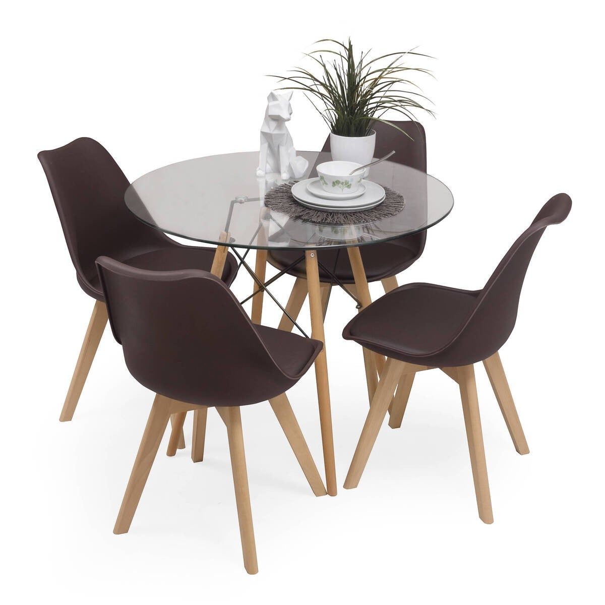 Mesa Redonda Blanca 100 Cm + 4 Sillas Azules - Conjunto Comedor Estilo Nórdico Con Patas De Haya