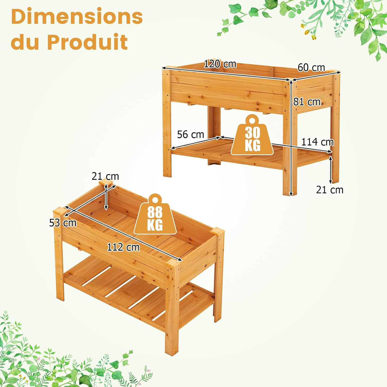 Jardinière Surélevé en Bois avec Trou de Drainage, Lit de Jardin avec Pieds et Étagère, Bac de Culture pour Plantes Fleurs Végétaux (Marron) - 3