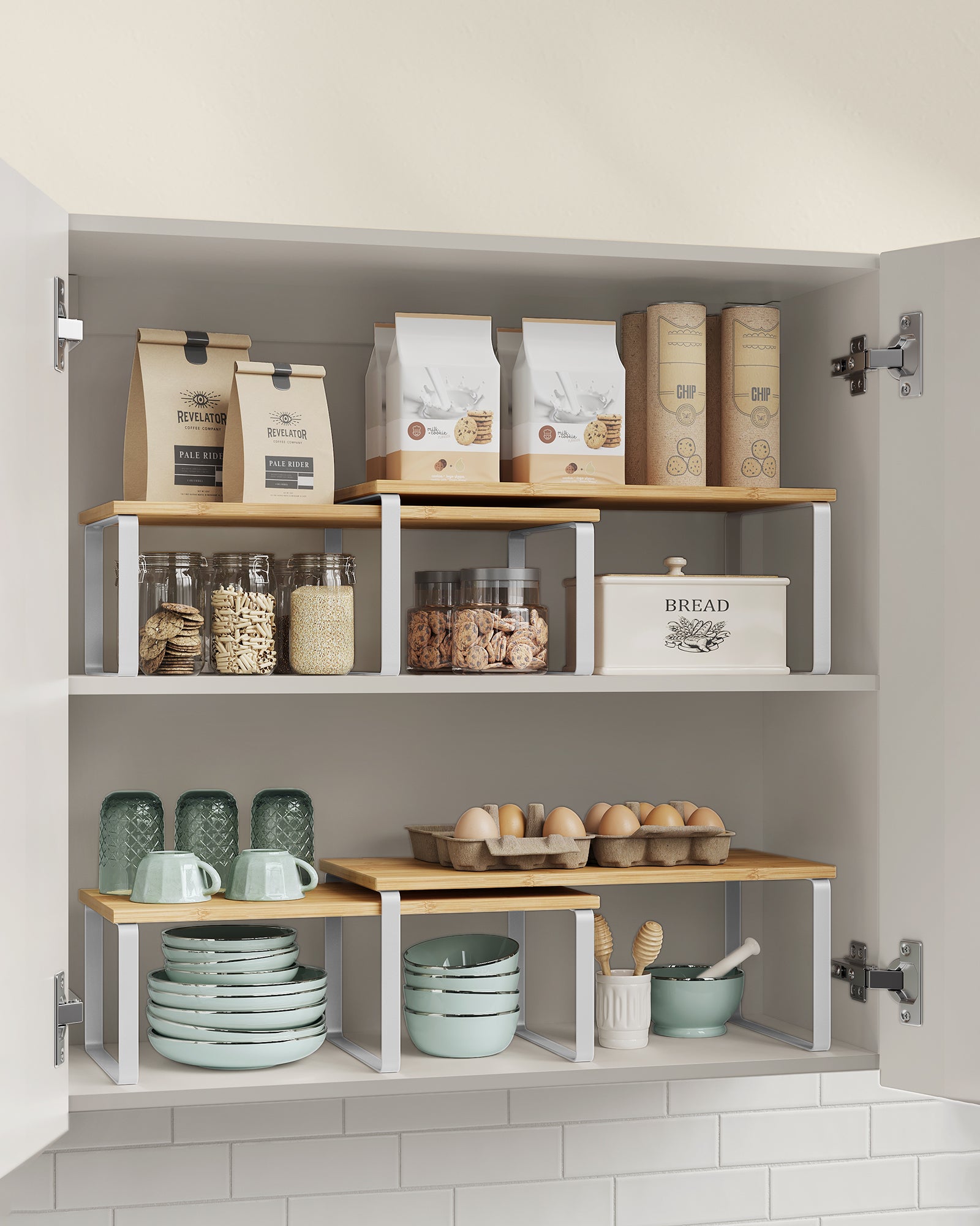 Organizadores de Cocina, Juego de 4 Estantes Apilables y Expandibles, Metal y Madera, Blanco y Beige - 3