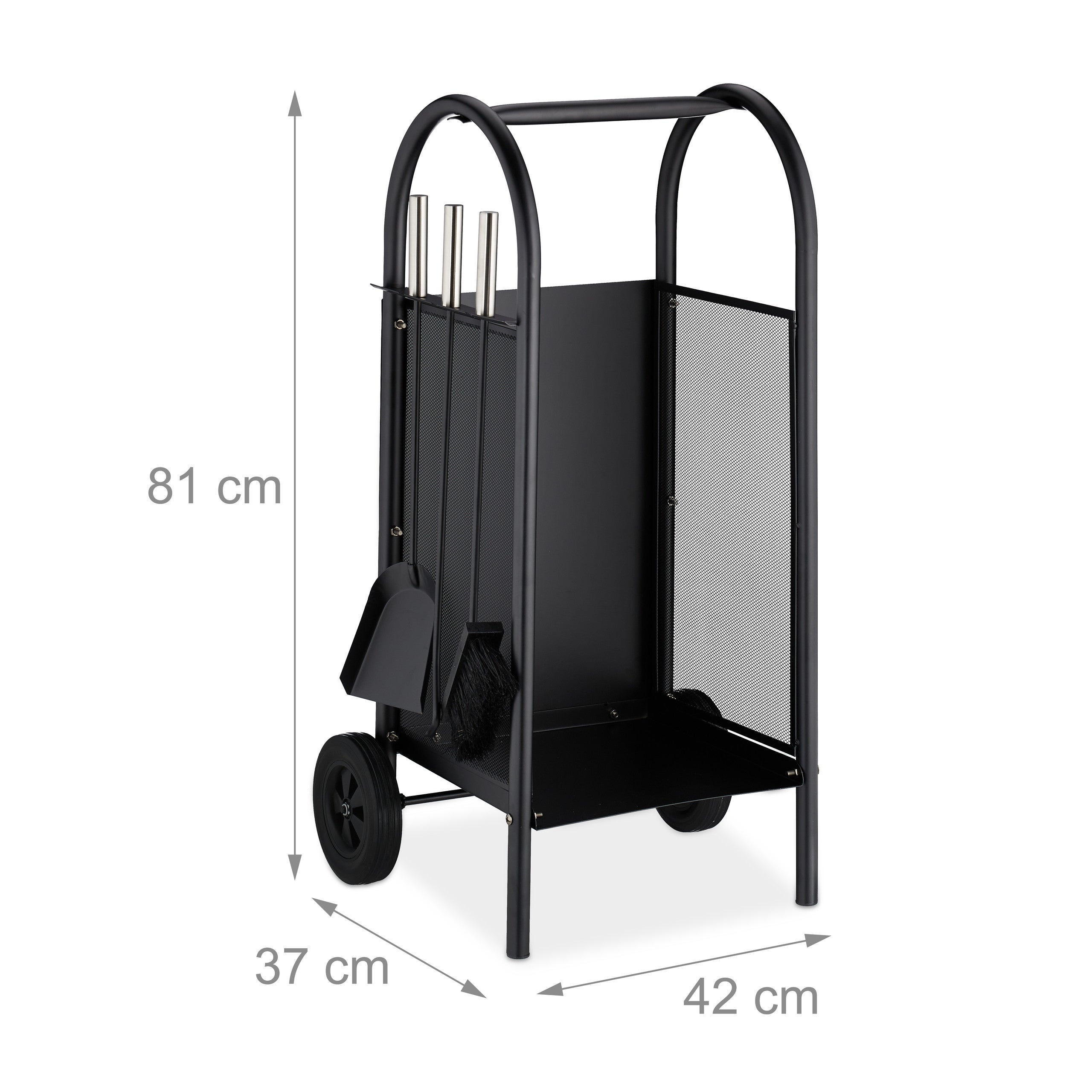 Chariot à bûches avec accessoires de cheminée en acier, 3 pièces, pelle, balai et tisonnier, noir, 81 x 42 x 37 cm, Relaxdays - 4
