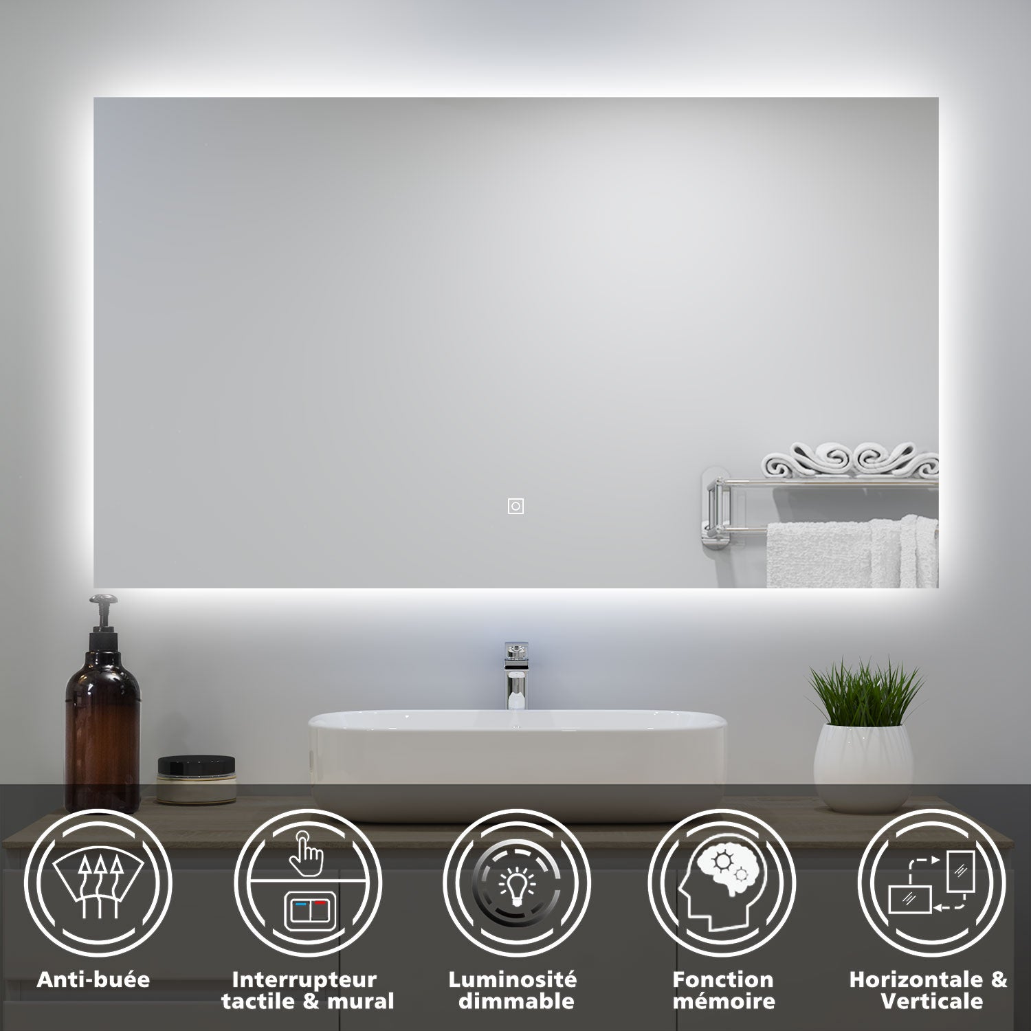 Miroir lumineux 120x70cm avec Anti-buée + Dimmable, Mural Miroir salle de bain - 2