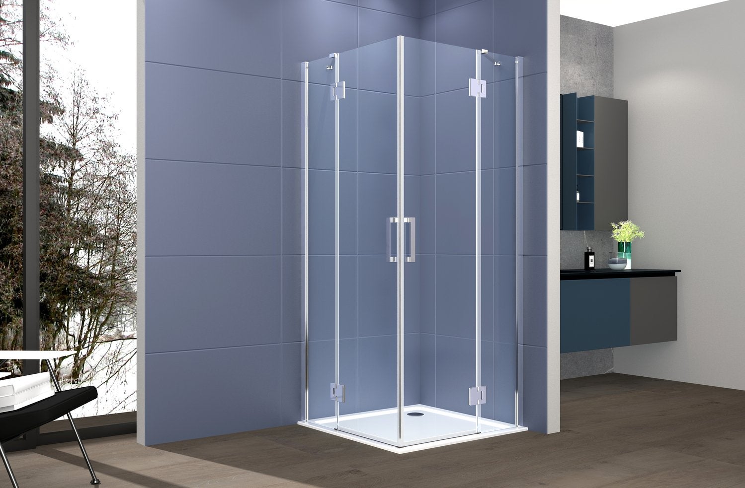 Mampara de ducha de esquina 70x90 cm con dos puertas batientes, h200 cm, cristal transparente de 6mm, perfil cromado gioia