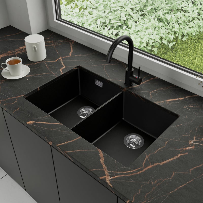 Zlewozmywak podblatowy 76x47cm, do szafki od 80cm + Bateria + Syfon - Agate Czarny STONESTYLE