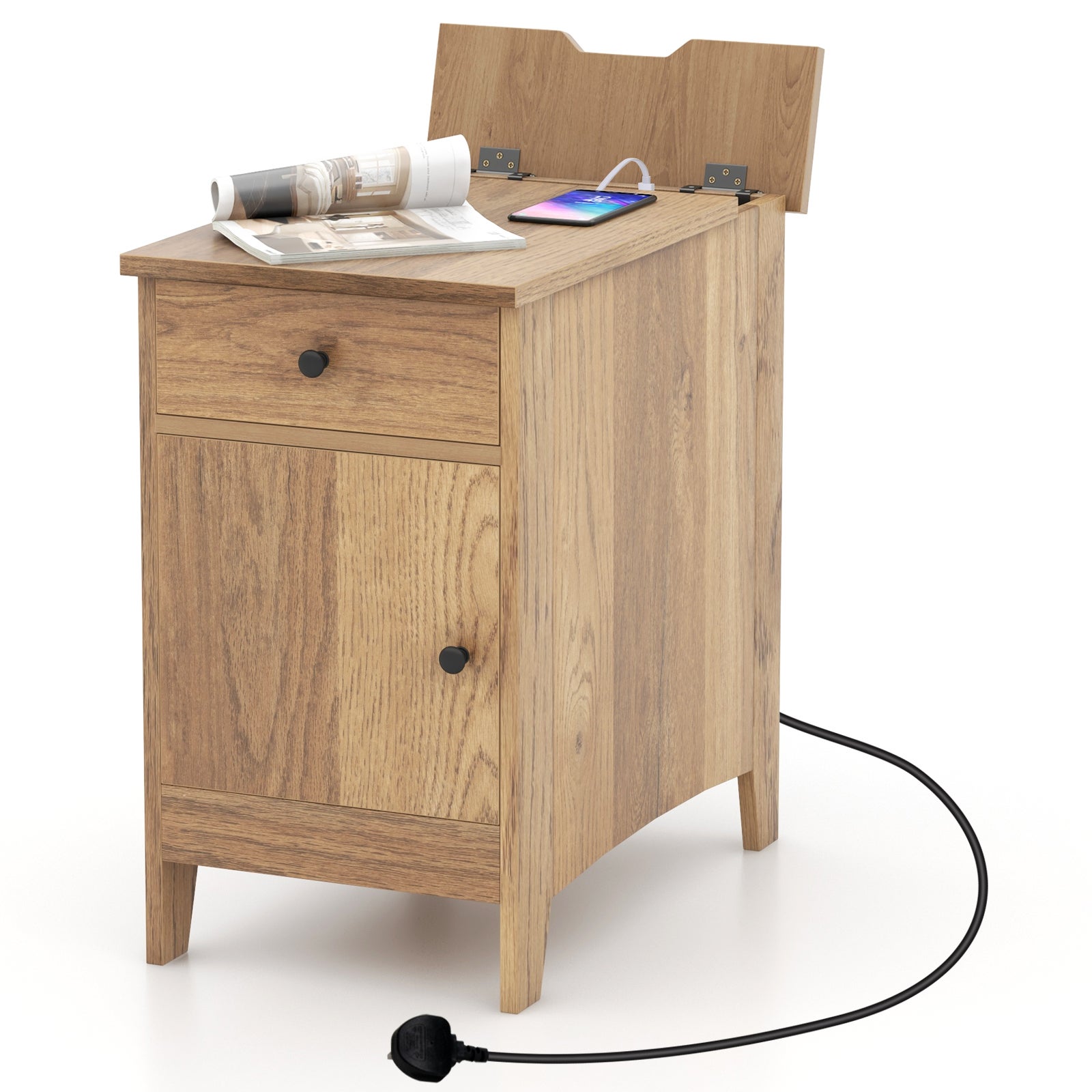 Table D'appoint Avec Prises Et USB - 2 Tiroirs Rangement, Design Compact Pour Canapé Ou Chambre