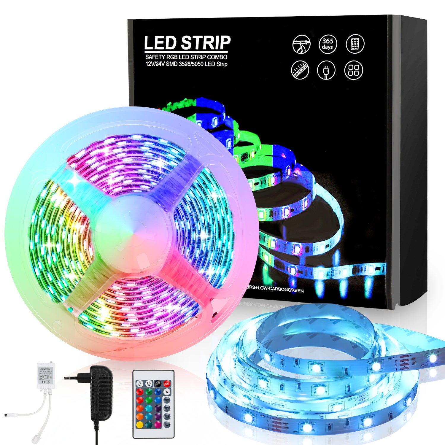 Taśma LED 5M 5050 SMD RGB, 150 diod LED z 24-klawiszowym pilotem + zasilacz 12 V do montażu na ścianie tylnej imprezy