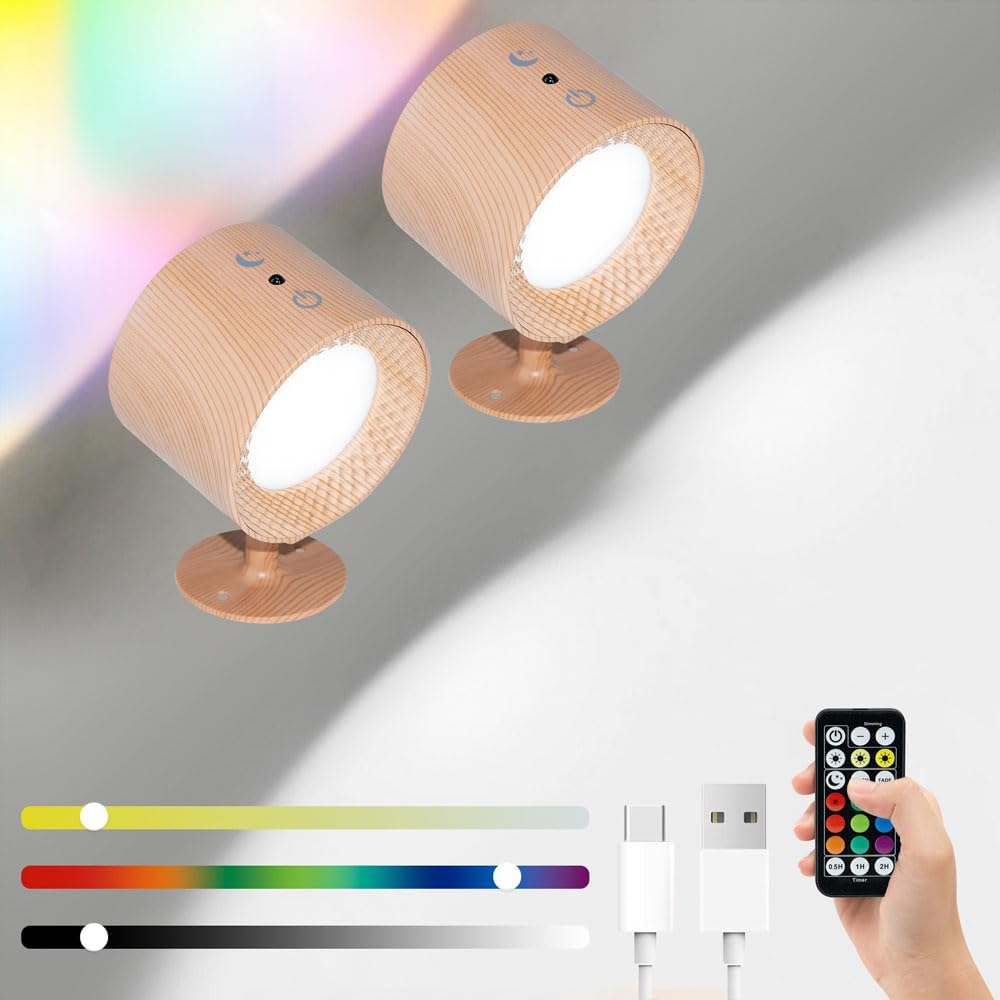 Lampa ścienna ładowana przez USB, obrót o 360°, oświetlenie dwustronne, 3 temperatury barwowe RGB (słoje drewna, 2 sztuki)