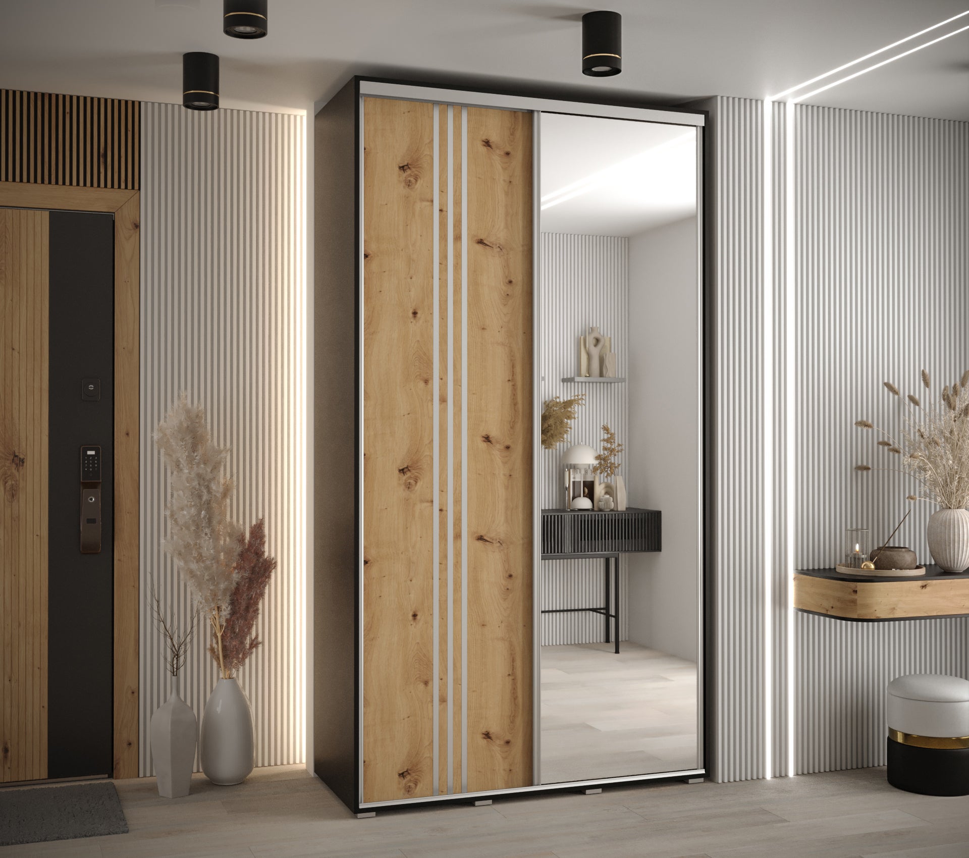 Szafa przesuwna z lustrem wysoka Davos 7 140 x 45 x 235,2 cm czarny + artisan + u. srebrny - Abiks Meble - 2