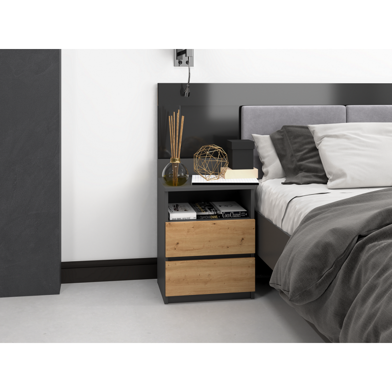 ASTER T1 - Table de chevet avec 2 tiroirs - 59x40x32 cm - Table de nuit - Style scandinave - Gris&Chêne - 3