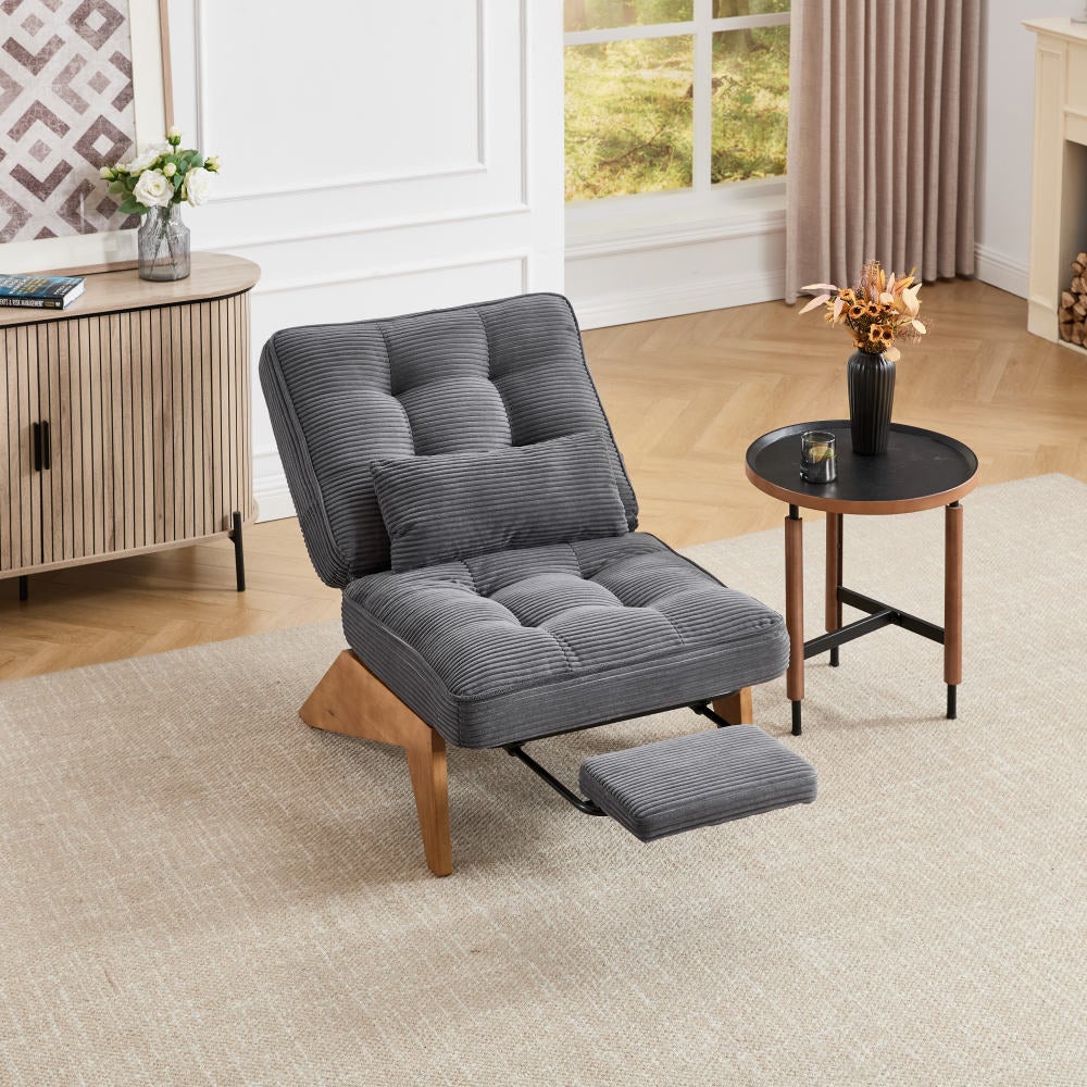 Fauteuil relax moderne en velours côtelé réglable avec repose-pieds, coussin lombaire et pieds en bois massif - 2
