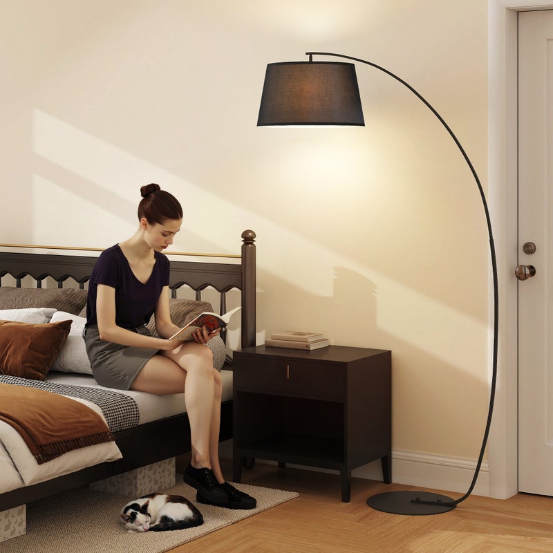 Lampa Łukowa Bogenlampe Nowoczesny Metal z Lnianym Kloszem - Elegancka Czarna Lampa do Salonu, Jadalni i Sypialni