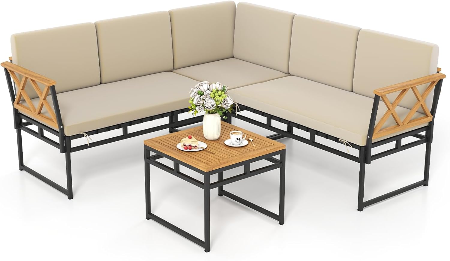 Ensemble de mobilier de patio 4 bucăți, canapea metalică exterioară cu perne și scaune din cordon elastic, masa bassă din acacia