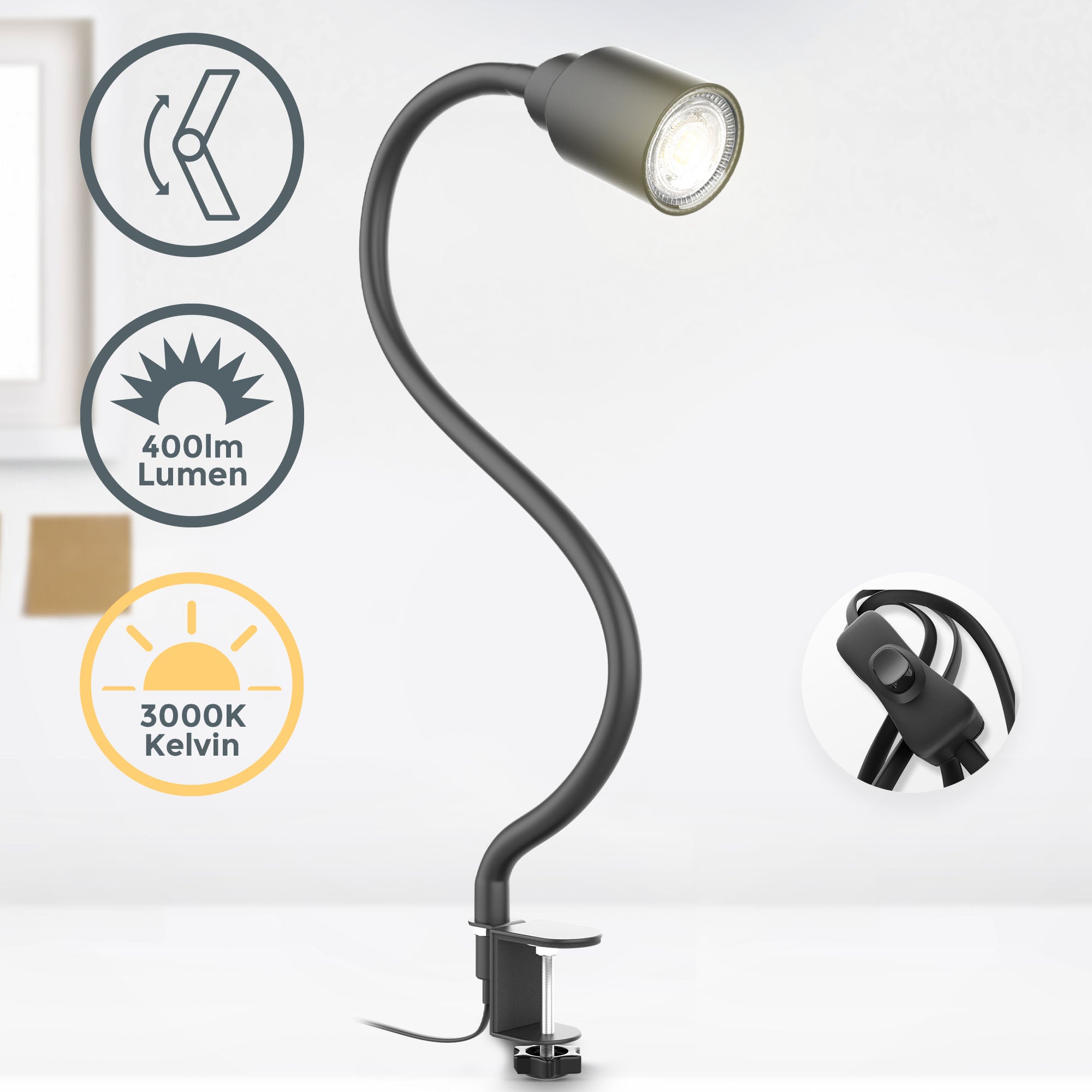 Lampe De Chevet LED Briloner Flexible - 4W, 400 Lumens, 3000K Blanc Chaud - Interrupteur Marche/Arrêt