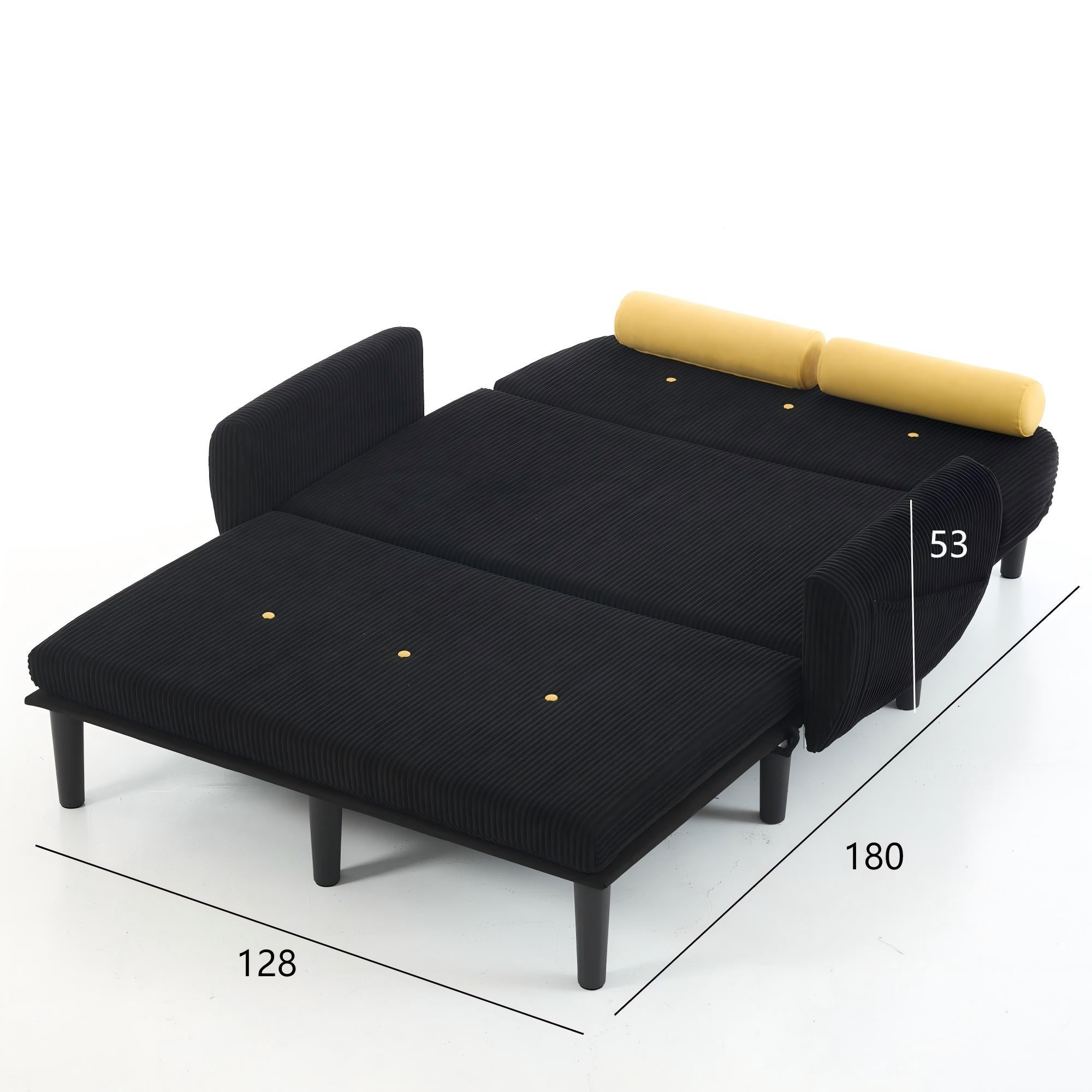 Canapé Causeuse 133x77x85 cm Transformable en Lit et Fauteuil Inclinable avec Rangement - Velours Côtelé Noir - Multifonction pour Salon - 4
