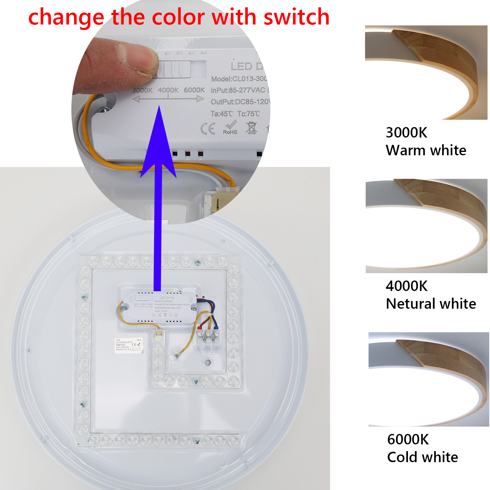 Plafón LED Circular Ø40cm, 30W, 3000LM, Metal Blanco y Madera Natural, Luz Seleccionable (3000K-4000K-6000K) - 3